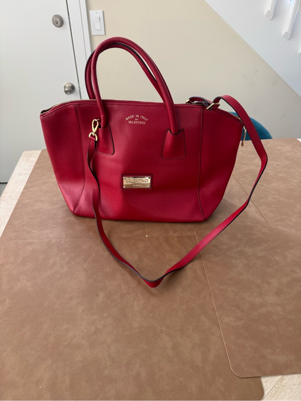 Valentino Red Leather Tote with Gold Plaque and Shoulder Strap
